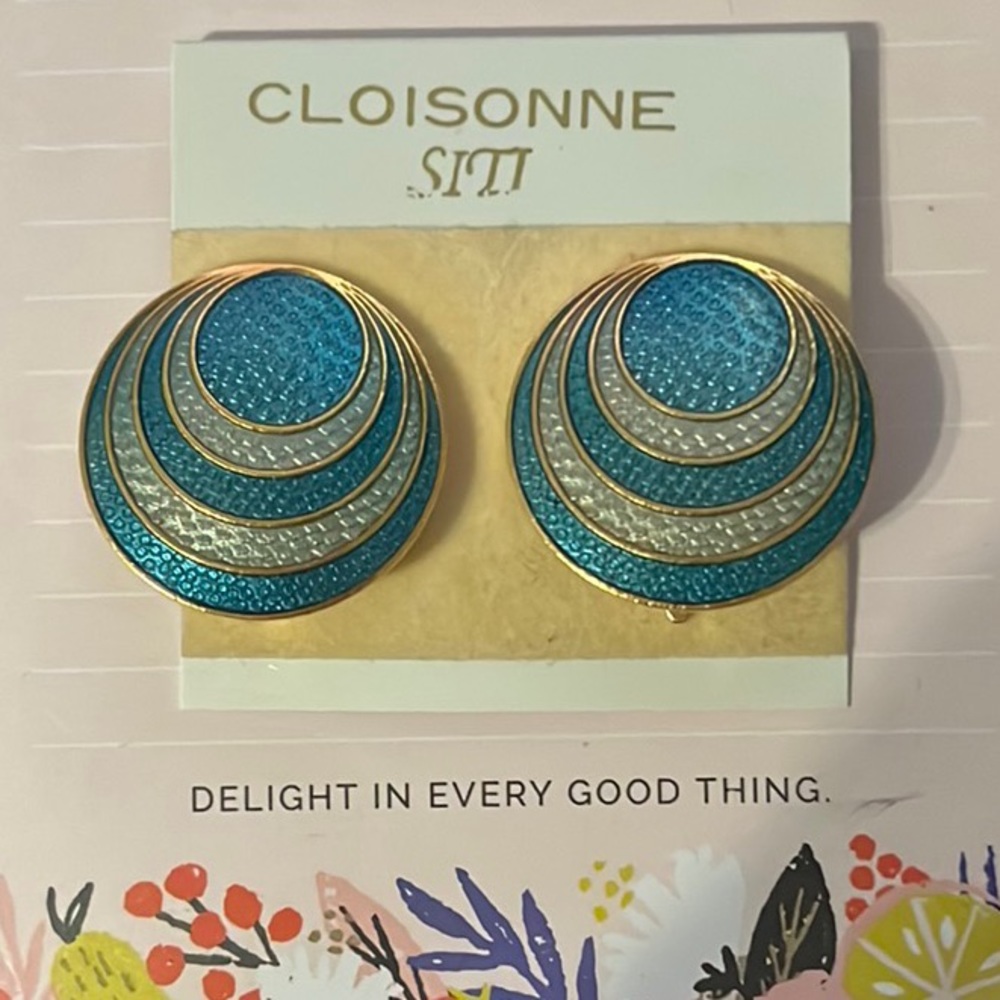 Vintage Enamel Cloisonné Circular Blue and Gold Tone Siti Clip On Earrings